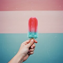 Hand Holding Colorful Rainbow Popsicle, Summer Ice Pop in Vibrant Pastel Colors, colorful popsicle