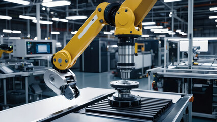 Futuristic robot arm assembling small parts on a production line in a high-tech manufacturing facility.