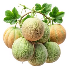 A Bunch of Ripe Honeydew Melons Still on the Vine with Lush Green Leaves