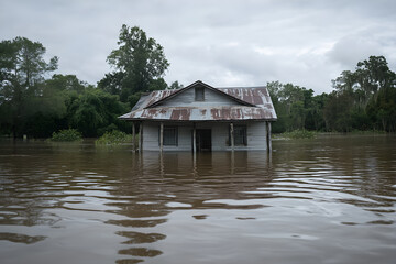 Obraz premium Submerged Serenity: A House Battles Against Rising Floodwaters from a Water Level Viewpoint