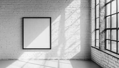 Blank frame mockup on white brick wall with light and shadow effects