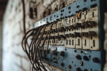 Old, weathered electrical control panel with numerous switches and tangled wires on a brick wall.