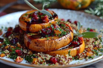 Roasted acorn squash rings plated with quinoa pilaf center, cranberry drizzle