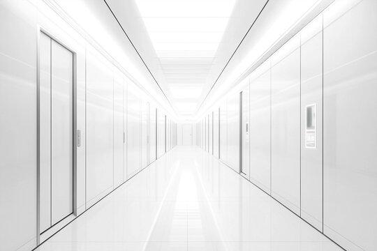 Futuristic minimalist corridor with white walls and elevator doors - Powered by Adobe