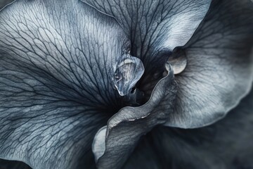 Close-up of a dark blue flower's intricate petals, showcasing its delicate veins and texture.