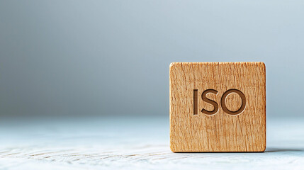 Wooden Block with ISO Standard Certification Symbol on Light Background
