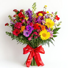 vibrant bouquet of mixed flowers with red ribbon