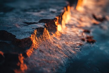 Rocky shore bathed in warm sunset light, texture and color contrast.
