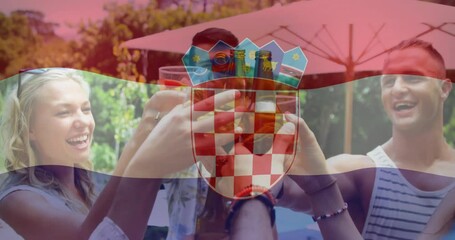 Clinking glasses in outdoor celebration with Croatian flag animation overlay - Powered by Adobe