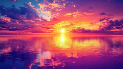 Fototapeta premium Vibrant sunset over calm ocean reflecting fiery clouds