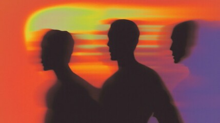 Silhouettes of three men stand against a blurred colorful sunset