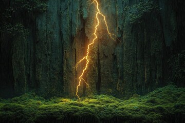 A mystical golden lightning strike illuminates a moss-covered ancient forest wall.