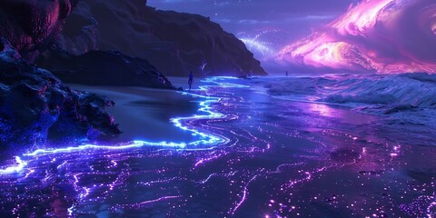 Fototapeta premium Alien like shoreline bathed otherworldly glow luminous purple wave lapping against surreal metallic sand bioluminescent pattern forming intricate fractal distant figure walking under neon colored sky