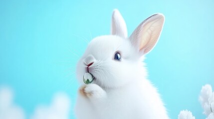 Obraz premium Adorable white rabbit eating a tiny flower