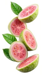 Delicious Ripe Guava Fruit Slices Falling with Green Leaves