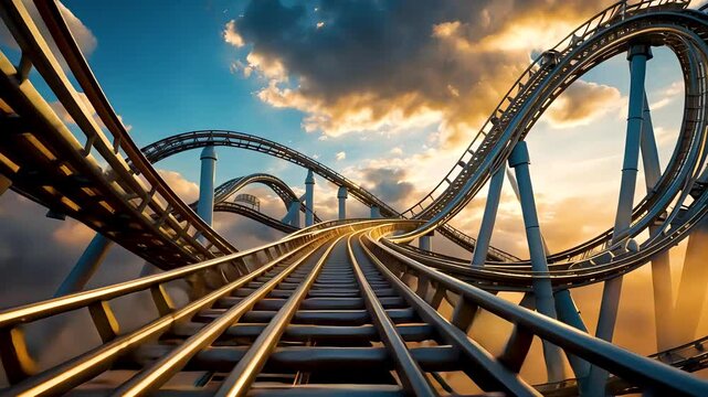Roller coaster track rising dramatically into sky with golden clouds at sunset