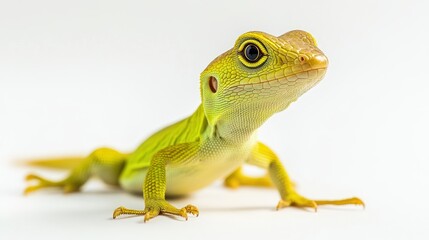 Obraz premium A small, bright green anole lizard poses against a crisp white background.