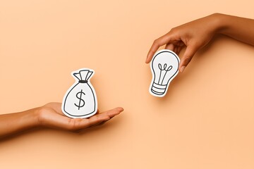 Creative photo of two hands exchanging paper cutouts—a light bulb and money bag—on pastel background, symbolizing idea monetization, innovation, and investment.