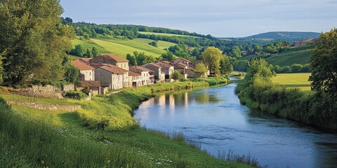 Obraz premium Serene riverside village surrounded by lush green hills and fields.