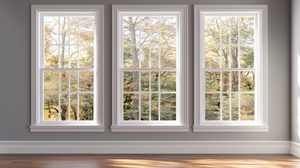 Bright and Airy Interior with Three Windows Overlooking Autumn Trees