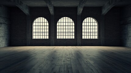 Empty Industrial Space with Arched Windows and Wooden Flooring