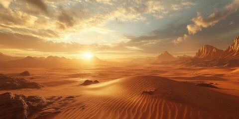 A stunning desert landscape at sunset, showcasing sand dunes and distant mountains.