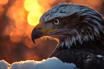 Fototapeta premium Majestic eagle portrait at sunset, showcasing its sharp gaze and intricate feathers.
