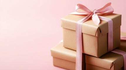 Fototapeta premium Stack of gifts wrapped in beige paper and tied with pink ribbons.