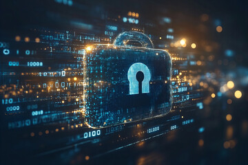 high tech digital lock surrounded by glowing binary code and holographic elements, symbolizing cybersecurity and data protection. image conveys sense of security and innovation