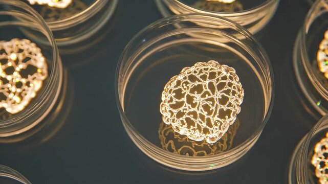 Multiple petri dishes containing samples of artificial tissues are illuminated with lights of different colors, creating a visually appealing sequence
