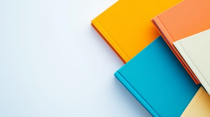 Colorful notebooks stacked on a white background.