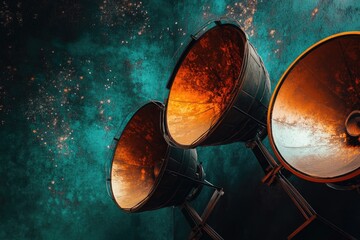 Rusty metallic structures resembling satellite dishes against a teal, starry backdrop.