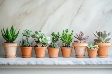 A collection of succulents in terracotta pots arranged on a marble surface against a marble wall.