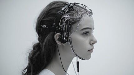 Profile of a Young Woman Wearing a Complex Head Sensor Array Against a Neutral Background