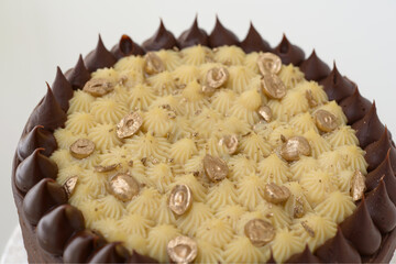 Chocolate Cream Cake with decorative frosting features chocolate and cream layers closeup side view of cafe elegant cake perfect for celebrations