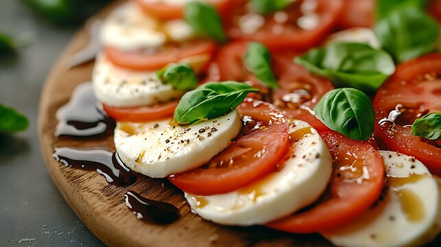 Fresh Caprese salad with sliced tomatoes, mozzarella cheese, basil leaves, and balsamic dressing on wooden serving board