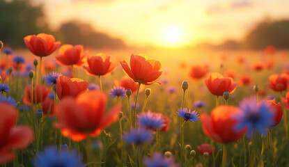 Obraz premium Beautiful wildflowers on a green meadow. Warm summer evening 