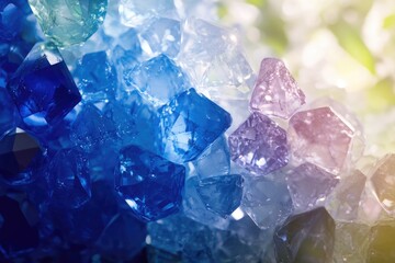 Close-up of vibrant blue, purple, and clear crystals, gleaming with inner light.