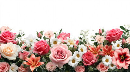 Assortment of blooming roses lilies and daisies arranged in a seamless floral pattern across a white background creating an elegant banner layout
