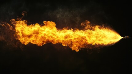 Stream of fire emerges from a nozzle in a dark, intense and dangerous display.