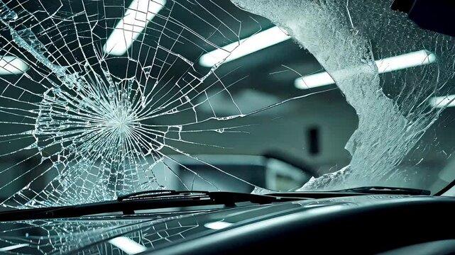 Cracked windshield with sharp impact detail inside garage under fluorescent lights