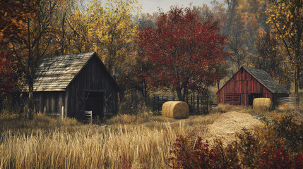 Autumnal Serenity: Rustic Barns and Hay Bales in a Golden Forest