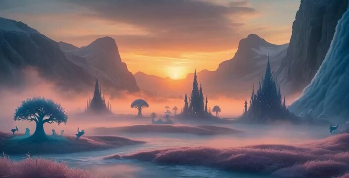 A breathtaking sunset unfolds over a mystical fairyland, swathed in a delicate mist and frost, set against the backdrop of rugged, towering mountains that stretch towards the sky