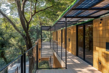 Fototapeta premium Modern eco-friendly building with bamboo facade, solar panels, and stunning forest views. Perfect for sustainable architecture, green living, and travel imagery.