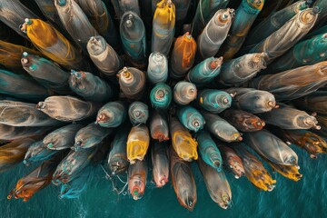 Obraz premium Full-frame aerial view of fishing nets