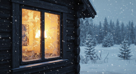 A cozy wooden interior features a fireplace seen through a snow-covered window in an old house