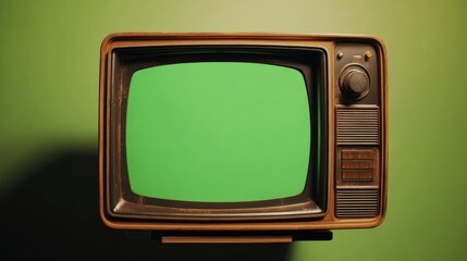 A vintage TV with a wooden frame and a green screen against a green background.