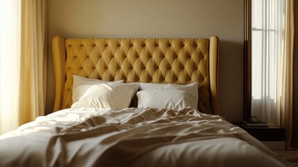 Fototapeta premium A luxurious modern bed in a muted gold color, with a high, tufted headboard and soft silk linens, set in a spacious bedroom with natural light.