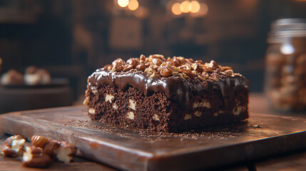 A rich and fudgy chocolate brownie cake topped with crunchy nuts, served on a rustic wooden background. Captured in high-resolution HDR, showcasing its moist texture and deep chocolate flavor.

