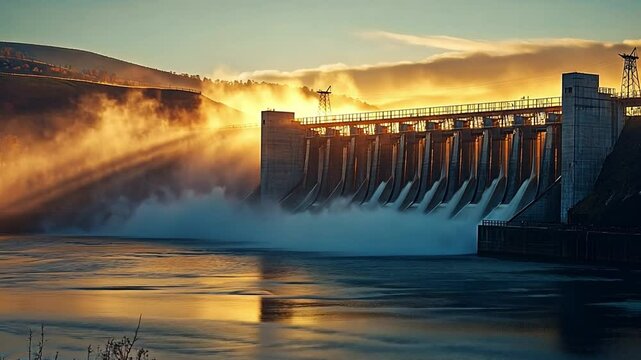 Power and Serenity: A monumental concrete dam harnesses the power of a river, with water cascading through its gates, creating a mist under a dramatic, glowing sky.